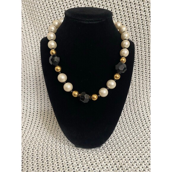 Faux cream pearl black and gold bead necklace - Picture 1 of 3